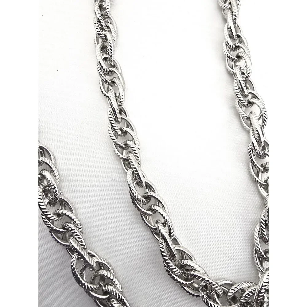 Silver Tone Twisted Rope Link Chain Necklace 62” Long Layering Statement or Belt